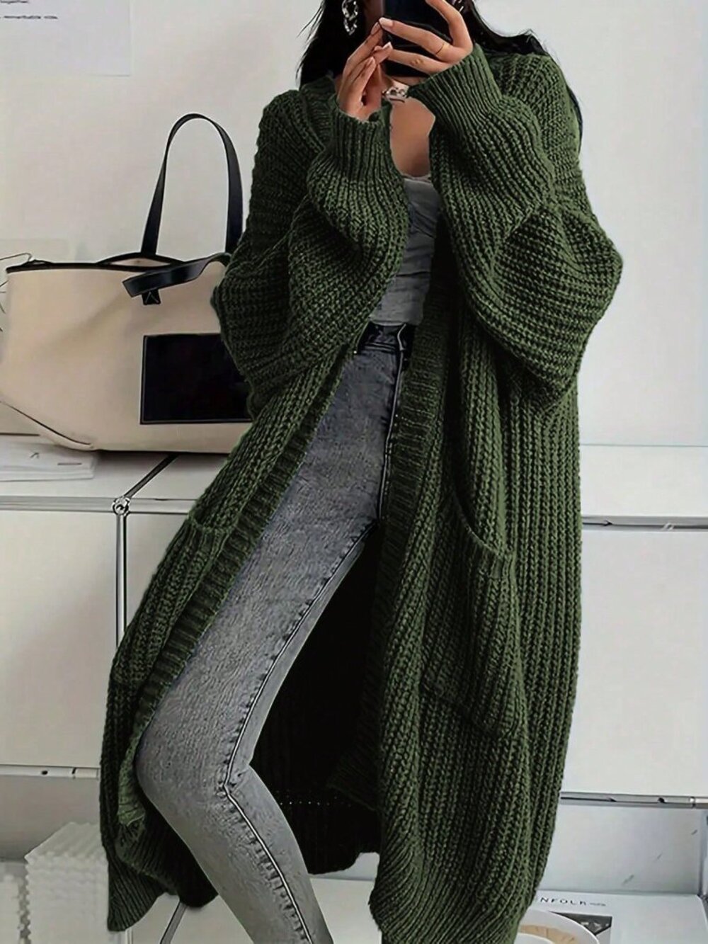 Army Green Casual Women's Loose Fit V-Neck Pocket Ribbed Knit Cardigan Sweater